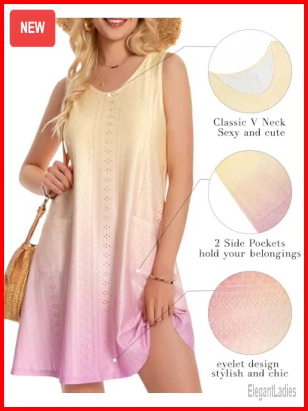 Eyelet Swim Coverup Sundress with Pockets Loose Fit V-Neck
